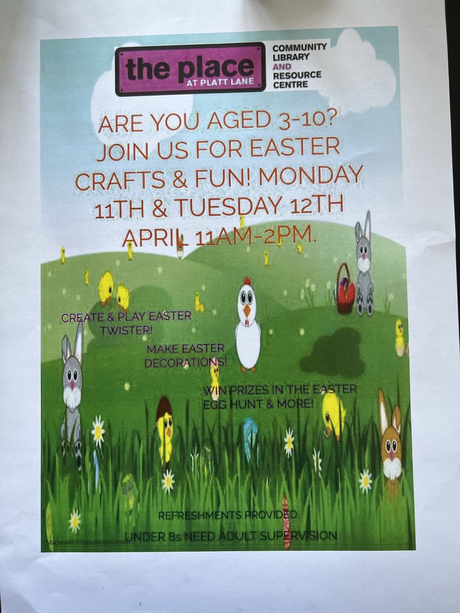 ThePlaceM14's tweet photo. Plenty going on this Easter - come on down and enjoy the fun @macinnes_neil @GailMallett @MCCFallowfield @AliRIlyas @JadeDoswelll @Afzal4Gorton @ZahraAlijah @MancLibraries @MCRActive @merosworld20211 @curiouscrafty @SmCreditUnion @onemcr @PCRA1 @FofM14 @Val_BB @msgracefh https://t.co/jJyo6Dx31F