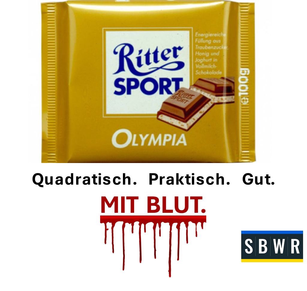 SBWR2022's tweet photo. German chocolate producer @ritter_sport  announced 3 days ago its refusal to leave the Russian market.  We propose a modification to their famous advertising tagline:  "Square. Practical. Good.  WITH BLOOD." #stopbusinesswithrussia https://t.co/O7WUd9Oqhs