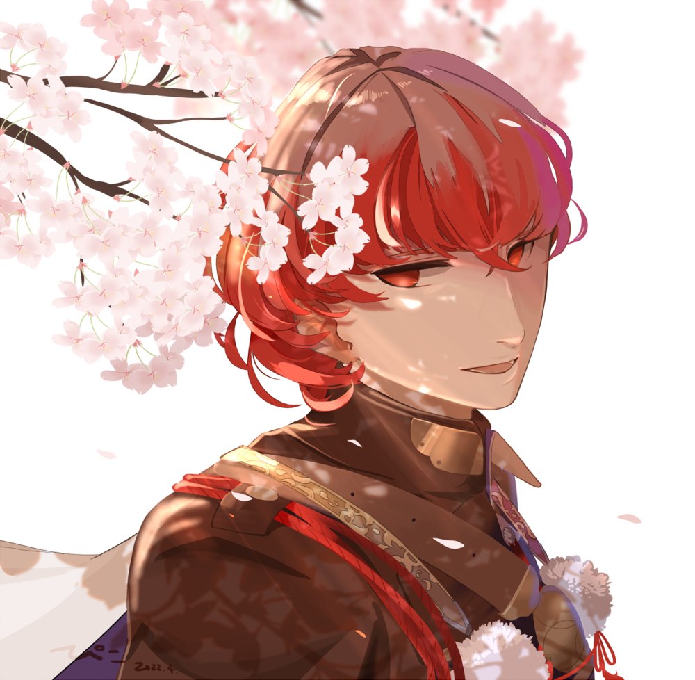 1boy male focus red hair solo red eyes cherry blossoms flower  illustration images