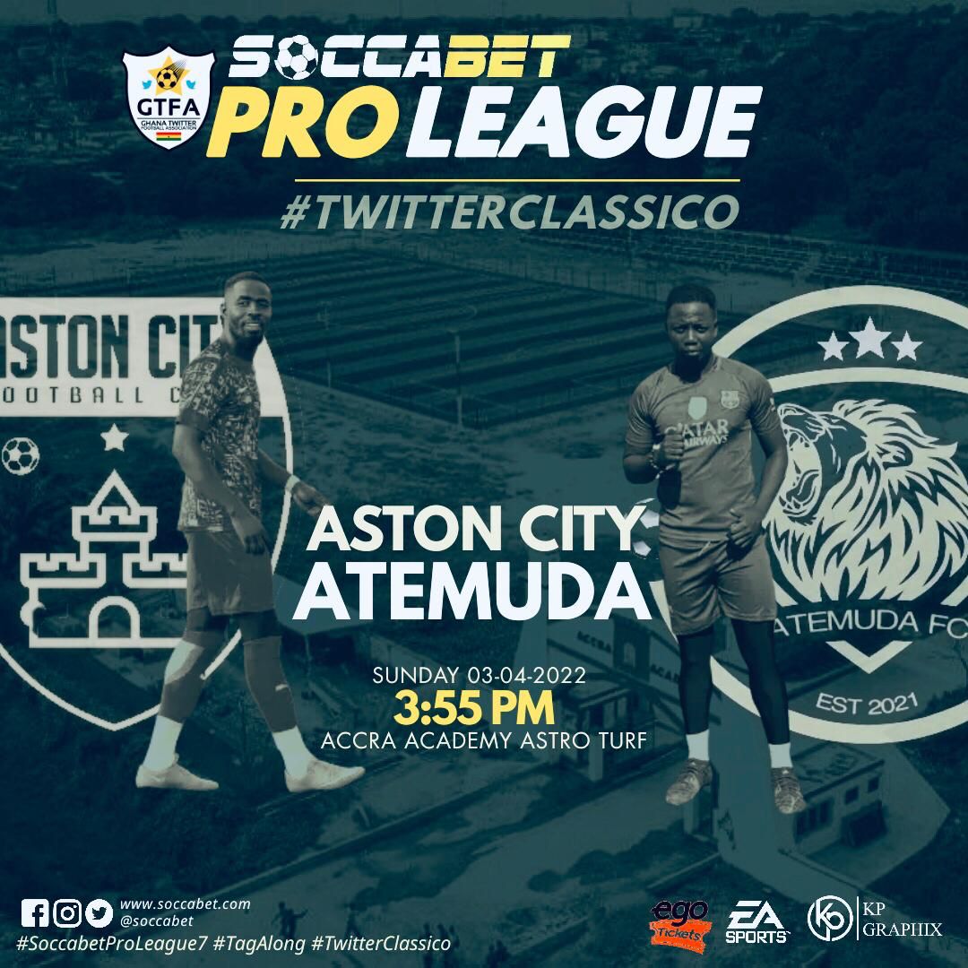 AstonCityFC_'s tweet photo. It's game day #SoccabetProLeague7
#TwitterClassico
Venue : Accra Aca Astro Turf ๐
Kickoff time: 3:55pm
#TagAlong with a friend https://t.co/WEc5gYeMAk