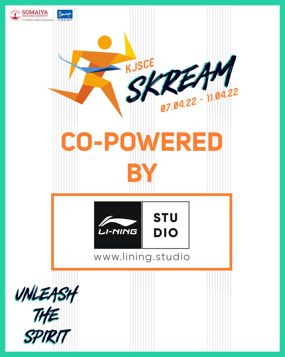 kjsceskream's tweet photo. Sponsors play a critical role while setting up a fest. Events are always successful by the grace of the sponsors who support us immensely. We proudly present to you #Skream2022, co-powered by @LiNingINDIA 
#UnleashTheSpirit https://t.co/Qi2KwqDWLf