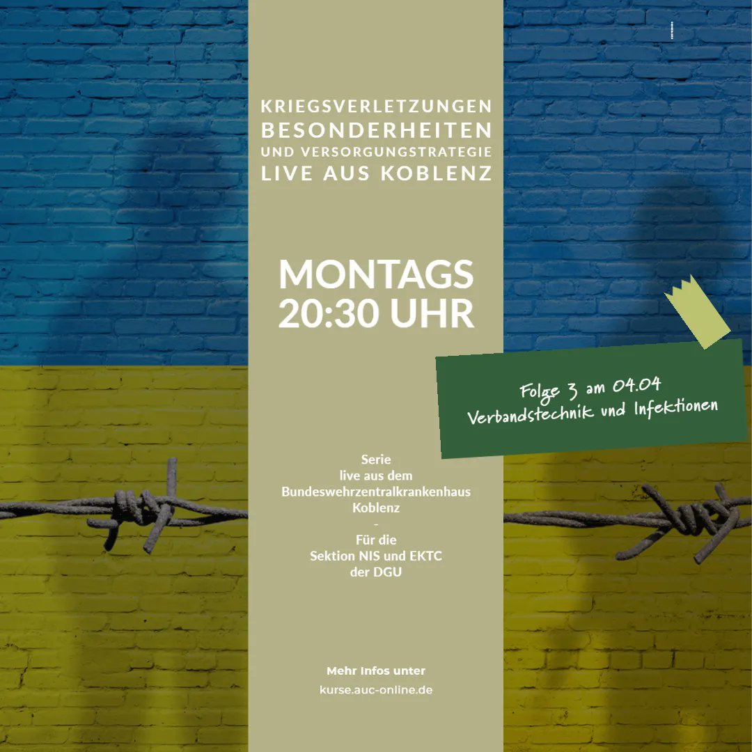 Montag 20:30 Uhr geht unsere Fortbildungsserie zu Kriegsverletzungen weiter. Thematisiert werden mikrobiologische Herausforderungen und Verbandstechniken bei Schuss- und Explosionsverletzungen. Wir senden erneut aus dem #BundeswehrZentralkrankenhaus -> bit.ly/30f7fNW