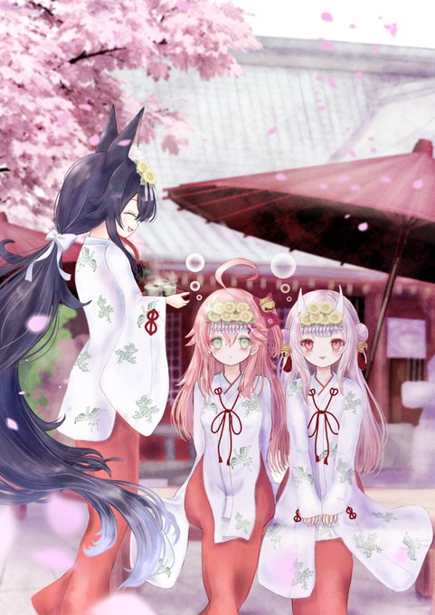 百鬼あやめ ,大神ミオ ,さくらみこ 「神社声援組🥂 #みおーん絵