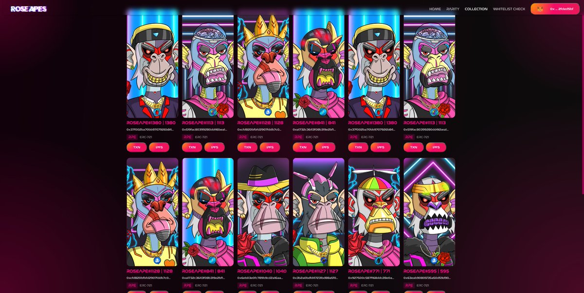 DanielMoiilanen's tweet photo. Early reveal of #RoseApes #NFTs has taken place! You can see the first 1400 Rose Apes on our website https://t.co/Nzr2cGGLKt and MetaMirror marketplace. 

Enjoy and please share your new brutal apes to social media 🦧

Minting closes 4th April ⏰

#NFT #OasisNetwork #Oasis $ROSE https://t.co/eTwqqqe2u0