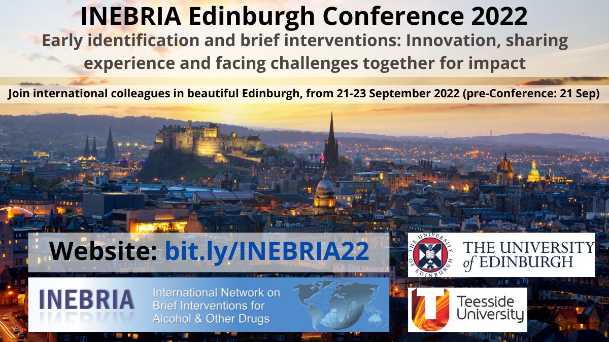 INEBRIA_Net's tweet photo. Join us for @INEBRIA_Net Edinburgh Conference 2022 #INEBRIA22 as we welcome delegates from across the 🌎 to Scotland, UK 🏴!
📅 21-23 September (pre-conference: 21 Sep)
⏳ Submit your abstract now! Deadline: 15 April ⏳
🔗 https://t.co/wrm8iYnbAC https://t.co/hwuAGLRfKo