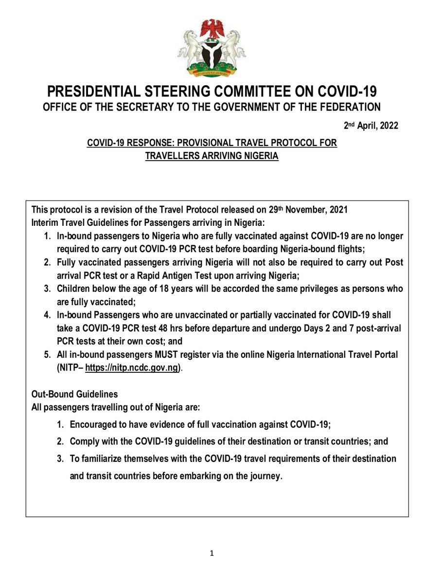 📢ANNOUNCEMENT

@PSCCOVID19 has updated protocols for travellers to Nigeria with effect from Monday, 4th April 2022

NB: All in-bound travellers MUST register via nitp.ncdc.gov.ng before travel

Read &amp; share detailed protocol:
covid19.ncdc.gov.ng/media/files/Re…

#TakeResponsibility