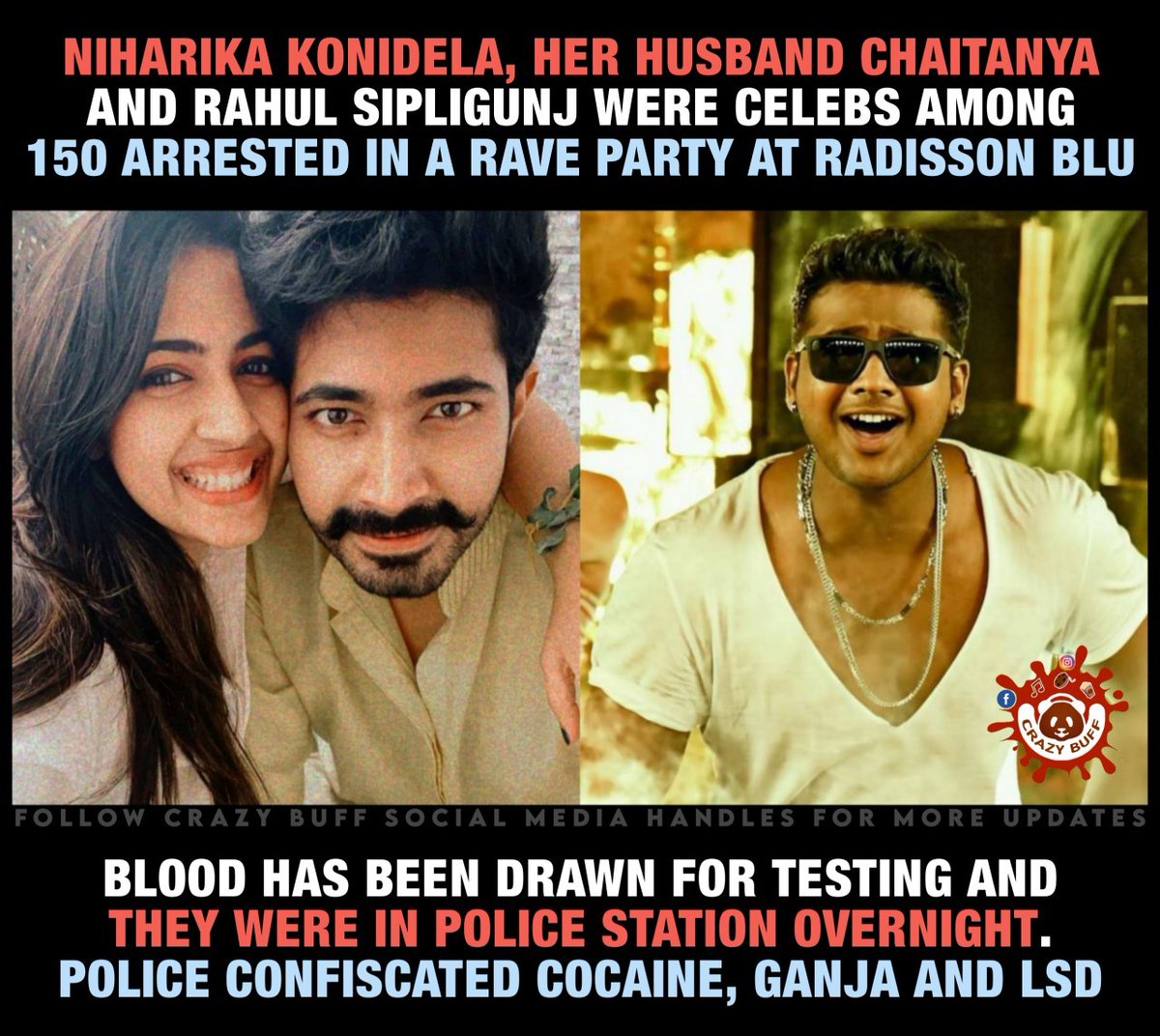 #NiharikaKonidela #ChaitanyaJonnalagadda #RahulSipligunj got arrested in Raveparty at #RadissonBluHotel #Hyderabad