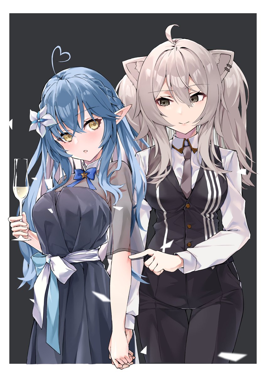 shishiro botan ,yukihana lamy multiple girls 2girls holding hands blue hair pointy ears heart ahoge ahoge  illustration images