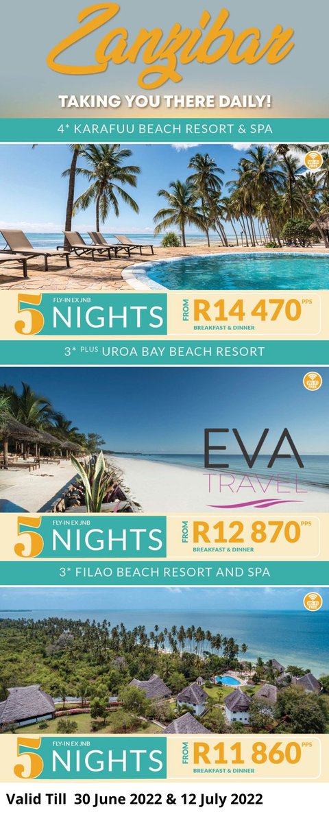 StaceyGreef's tweet photo. Daily Flights to Zanzibar! 
All you need is your passport and vaccination card!
An exotic, tropical island with pristine beaches is waiting for you!
BOOK NOW!!!
T's &amp; C's Apply
Facebook: https://t.co/ijAJAHlLyz
Email: stacey@evatravel.co.za
Web: https://t.co/Yxpvcmu29V https://t.co/xD42VKyNpH