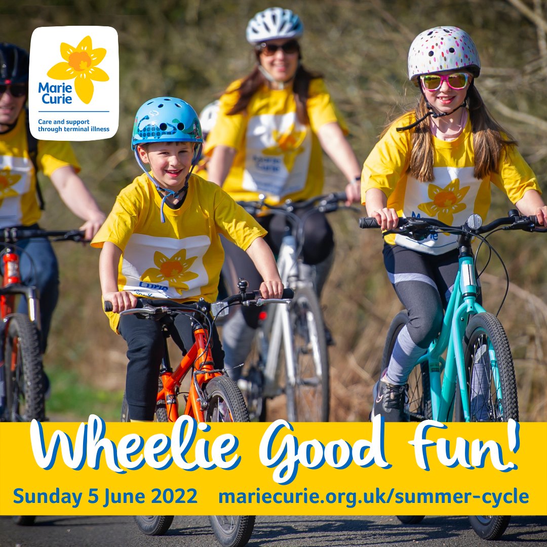 MarieCurieSCO's tweet photo. Have some Wheelie Good Fun at the Marie Curie Summer Cycle and raise vital funds for families affected by terminal illness. Mainly traffic free routes suitable for cyclists of all abilities. 🚴🚴‍♂️🚴‍♀️Sign up now at https://t.co/VQZDVjtSUL 💛💛 https://t.co/gOVR0UYYoB