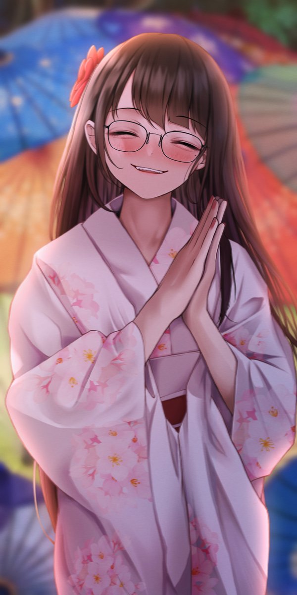 1girl japanese clothes kimono glasses solo long hair closed eyes  illustration images
