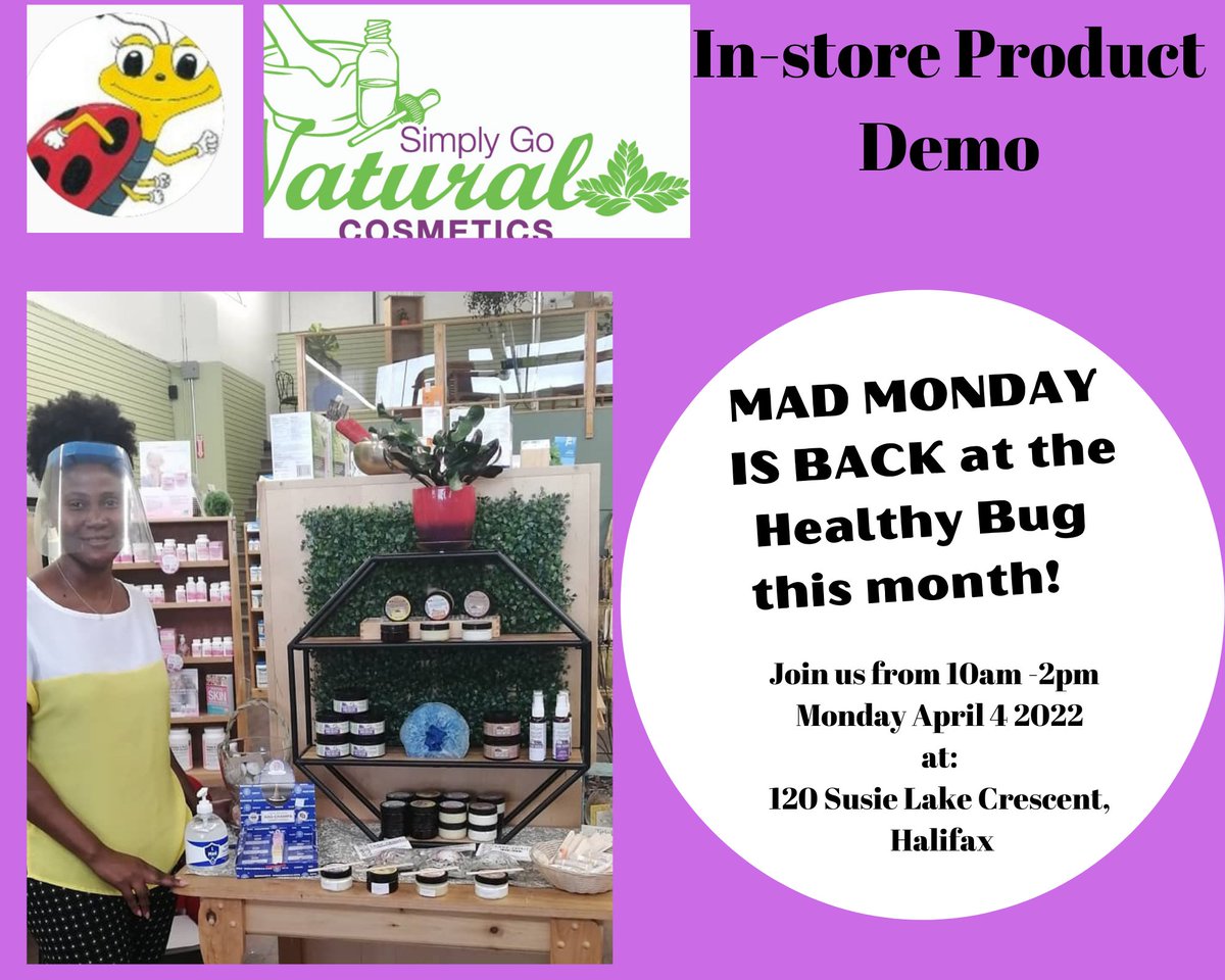 And we back! Our first #madmonday at  @thehealthybug store for product demo in 2022💃
:
We will be there tomorrow 10am-2pm so at 120 Susie Lake Crescent 
:
#halifaxns  
#localhealthstore 
#simplygonaturalcosmetics 
#simplygonatural 
#naturalskincare 
#naturalhaircare