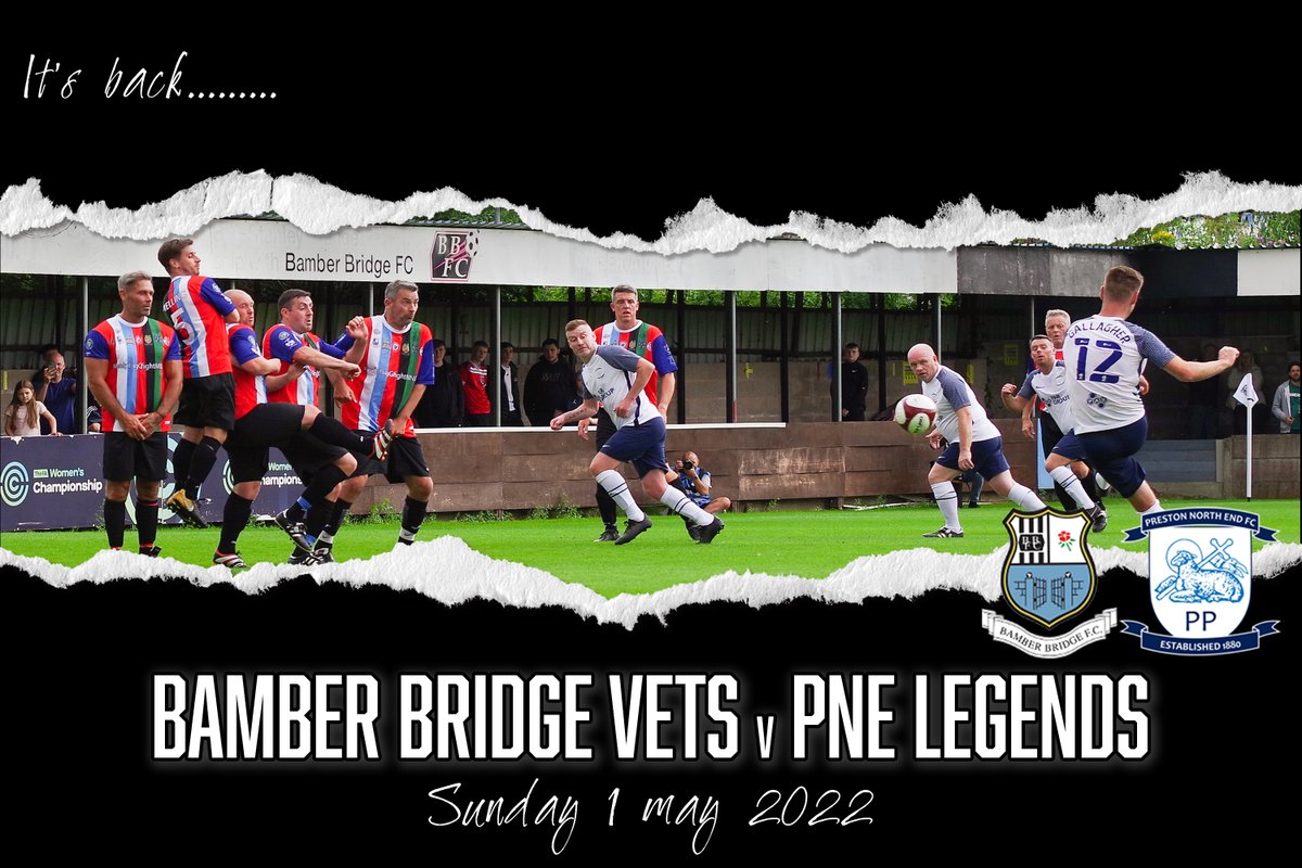 Bamber Bridge FC (@bamberbridgefc) on Twitter photo Following last year's superb game, we are delighted to once again be hosting our <a href="/BamberVets/">Bamber Bridge Vets ⚽️</a> for a charity game against <a href="/pnefc/">Preston North End FC</a> legends. Raising funds for <a href="/StCatherinesPre/">St Catherine's Hospice Lancashire</a>
Sunday 1 May 2022 - get it in your diaries!
#UpTheBrig #UpTheVets #pnefc Following last year's superb game, we are delighted to once again be hosting our <a href="/BamberVets/">Bamber Bridge Vets ⚽️</a> for a charity game against <a href="/pnefc/">Preston North End FC</a> legends. Raising funds for <a href="/StCatherinesPre/">St Catherine's Hospice Lancashire</a>
Sunday 1 May 2022 - get it in your diaries!
#UpTheBrig #UpTheVets #pnefc