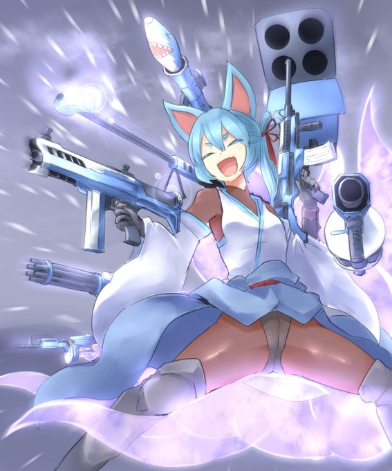 タマモ:大量の重火器で距離を問わず大火力を発揮する
9本ある半透明の尻尾の先に武器を巻き付けて一斉射撃を行う
弾が切れたら持っている銃器でそのまま殴打する 