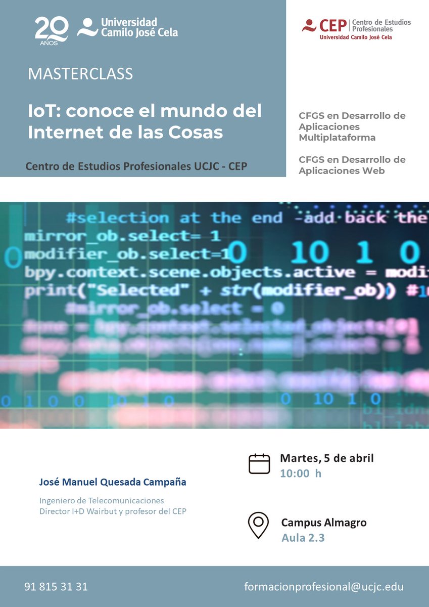 Deseando que llegue la próxima #masterclass para nuestros alumnos de CFGS en Desarrollo de Aplicaciones #multiplataforma y #web "IoT: Conoce el #internet de las Cosas".

¡Siempre conectados con la realidad, siempre actualizados! 💯

#UCJC #FP #IoT  #dam #daw 
#internetofthings