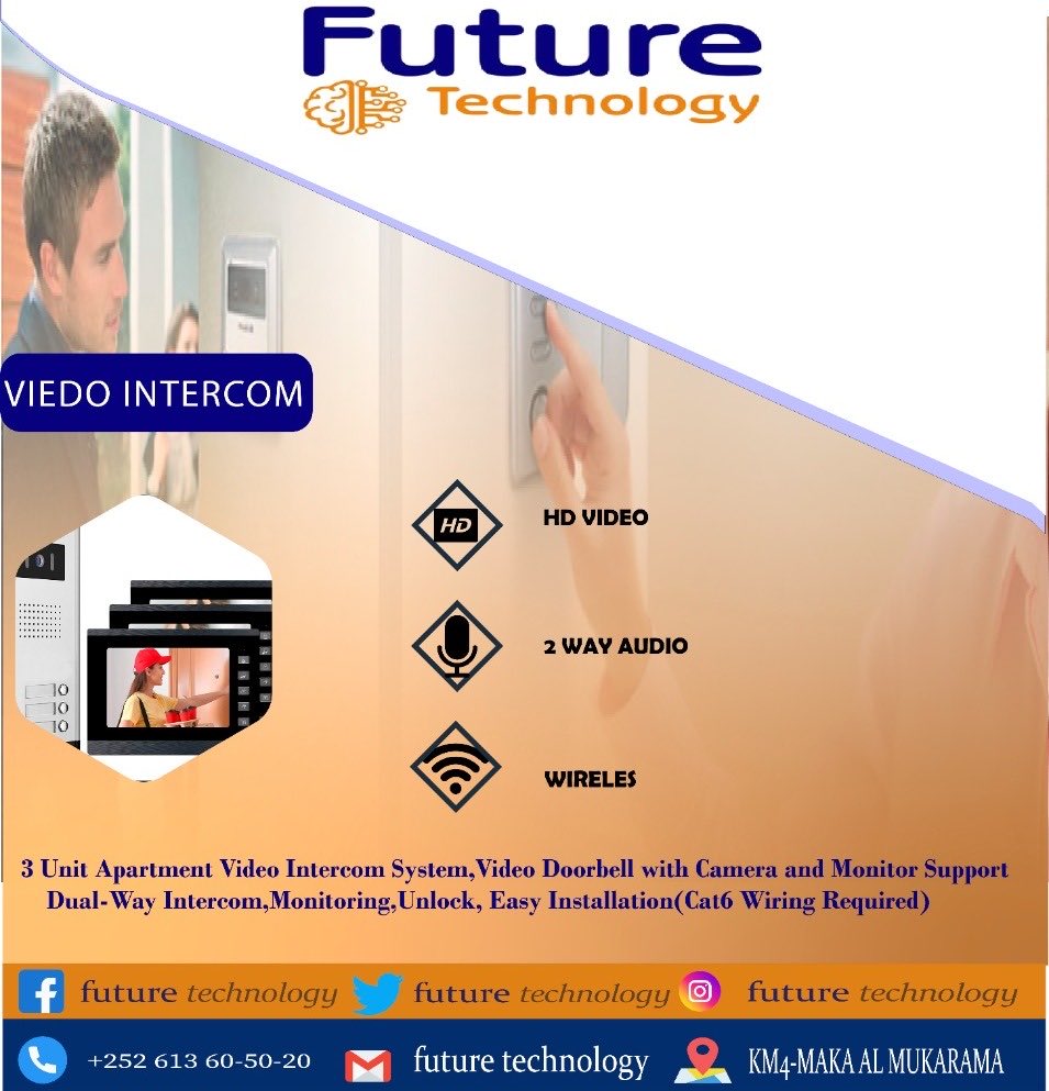 FUTURETECHNLGY's tweet photo. #VIDEO_INTERCOM
Shirkada FUTURE TECHNOLOGY Waxa ay idinkentay Video Intercom oo aad u isticmali karto villa iyo Apertiment asago ku fududenaya ina si dhaqsi leh uga jawabto qofka albabka tagan adigo gudaha jooga. https://t.co/ihJo4AWWM6