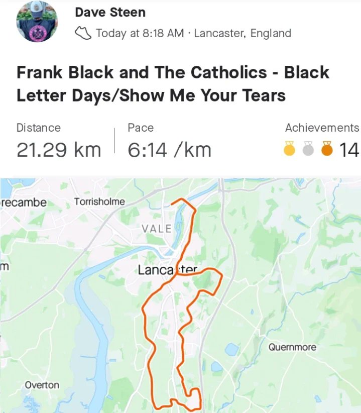 Cakesniffer77's tweet photo. Yay! My first half-marathon distance post Covid and it was glorious. Lovely weather (except the 30 seconds of rain?) and plenty of dogs (35. 1.74 DpKM) @runningpunks listened to Frank Black and the Catholics - Black Letter Days/Show Me Your Tears #virtualrunclub #farnotfast https://t.co/7bzrCKmGfH