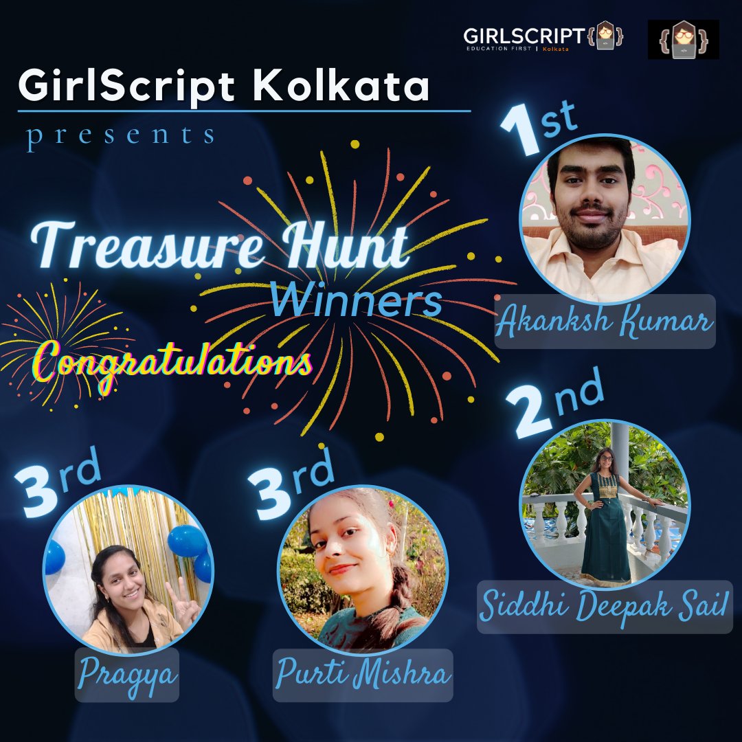 girlscriptkol's tweet photo. Treasure hunt Winners 🏆🎉
Organised by - Girlscript kolkata ✨ https://t.co/HkAh3NX8dM
