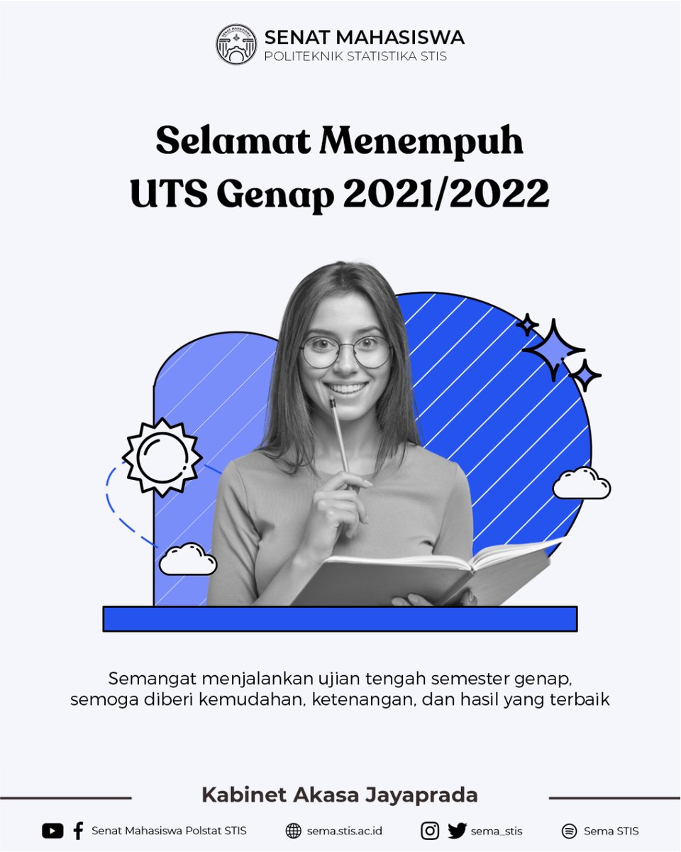 [UTS ONLINE SEMESTER GENAP]

Halo, Semanians! 
Tak terasa kita sudah menempuh setengah jalan. Jangan stres! Percayalah kamu bisa!

Selamat menempuh Ujian Tengah Semester (UTS) tahun Akademik 2021/2022 Semester Genap

Kabinet Akasa Jayaprada
Senat Mahasiswa Polstat STIS 2021/2022