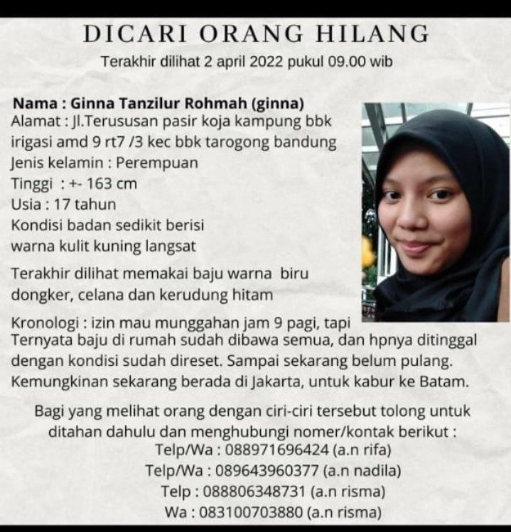 Ya Allah  tolonglah keponakanku semoga cepat ketemu dlm keadaan selamat, kami percaya padamu yg maha pengasih dan penyayang, aamiin ya robbal alamiin