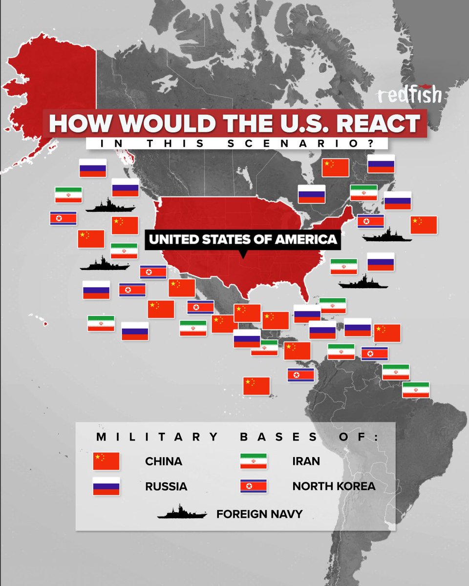 AnibalGarzon's tweet photo. El mundo al revés. ¿Cómo reaccionaria Estados Unidos si las bases militares que tiene cerca de las fronteras de Rusia, China, Irán o Corea del Norte, fueran de estos 4 países y estuvieran cerca de Estados Unidos? https://t.co/HoDwDXlWUG