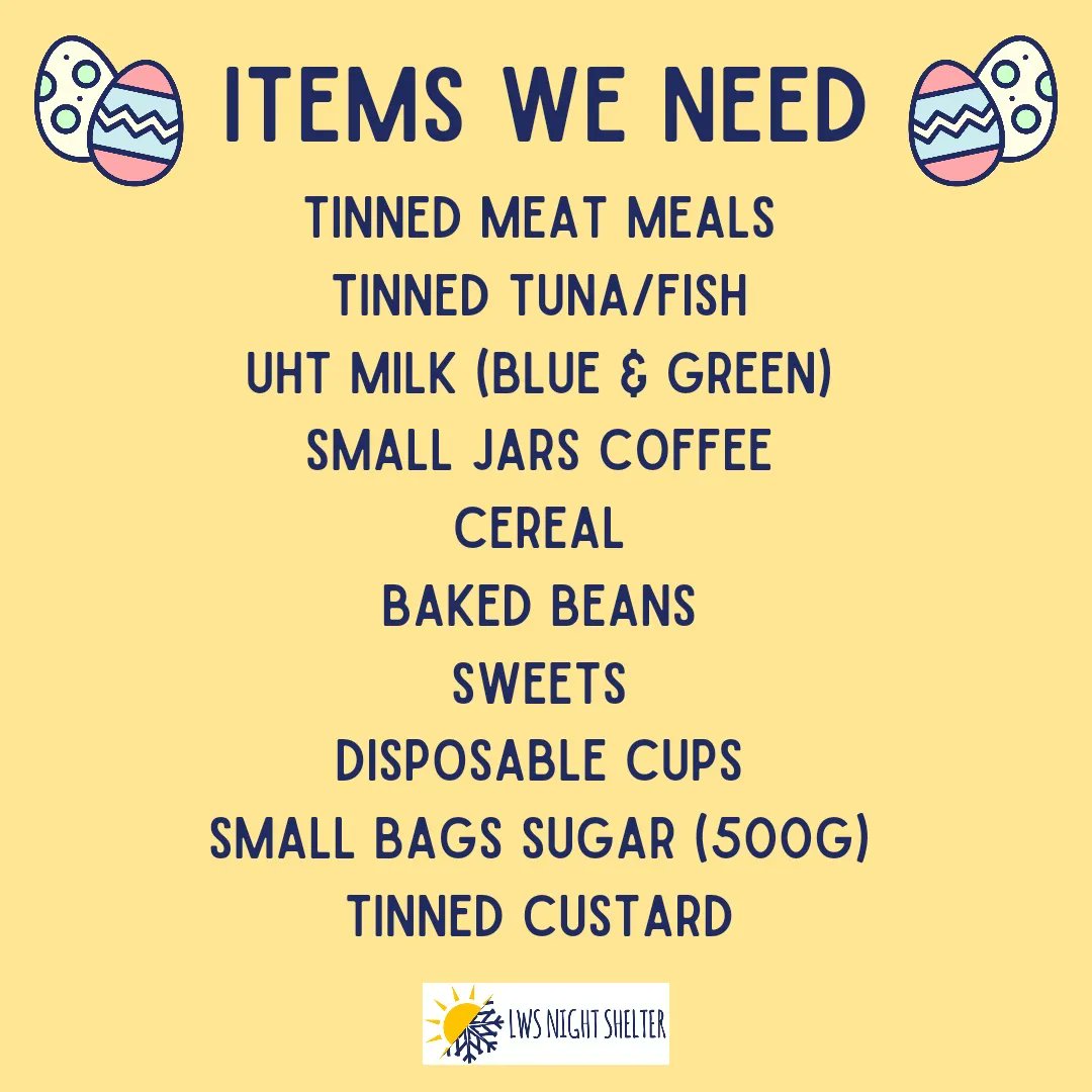 LWSNightShelter's tweet photo. Our shelves are looking a little bare again 😓 Why not help us stock up and in return you could win our Easter Hamper!

Swipe to see what we need most 😊

Thank you and good luck! 🐇 🐣

#loveleam https://t.co/s6sZzhmMNl