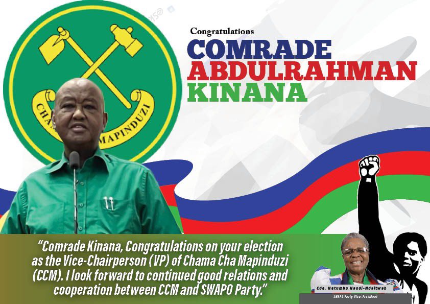 SWAPOPRESIDENT's tweet photo. “Comrade Kinana, Congratulations on your election as the Vice-Chairperson (VP) of Chama Cha Mapinduzi (CCM). I look forward to continued good relations and cooperation between CCM and SWAPO Party.” Cde. Netumbo Nandi-Ndaitwah, SWAPO Party Vice-President #CCM #SWAPOParty https://t.co/dYfAHnQxx8