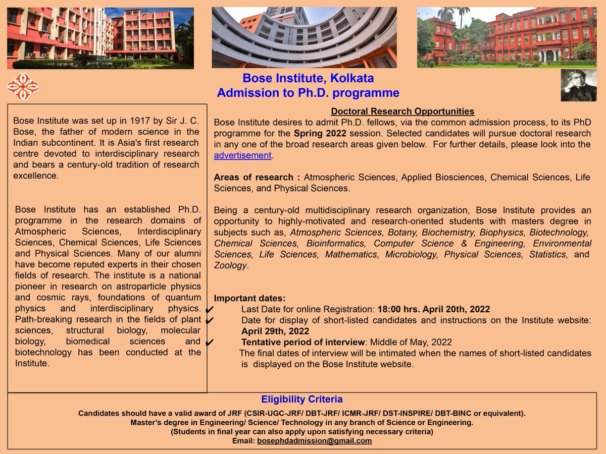 bose_institute's tweet photo. BI Ph.D. Admissions 2022 https://t.co/QHhWCju0IR