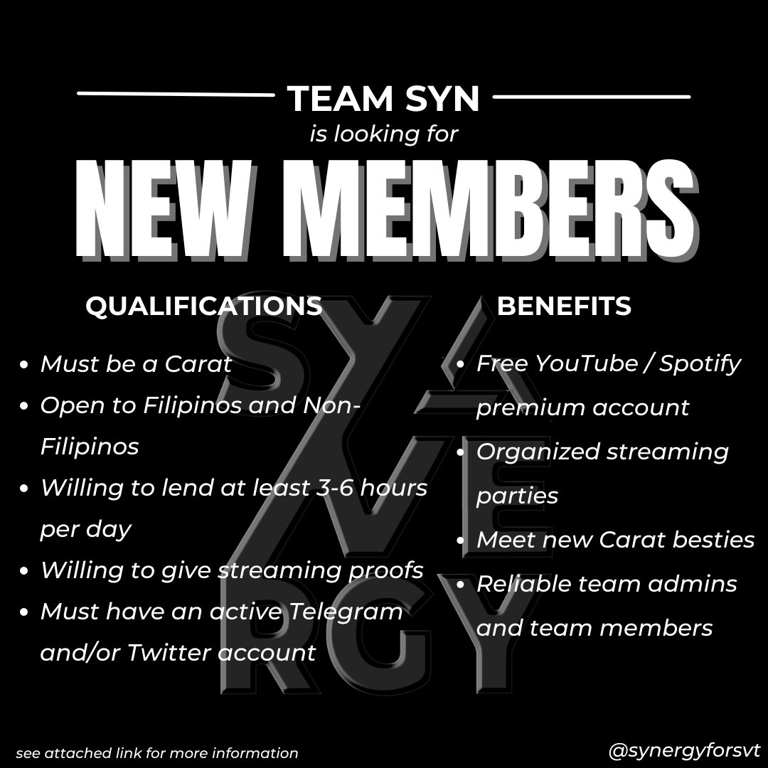 synergyforsvt's tweet photo. Comeback Project: Team SYN is looking for New Members📢

SYNERGY is now open once again to welcome Carats who are willing to help in streaming!

Be part of the team, join Synergy!
YT https://t.co/BChOtND2hi
Spotify https://t.co/x1bEWPKmYZ

#TeamSVT #SEVENTEEN 
#세븐틴 @pledis_17 https://t.co/vY7Y4qWlxC