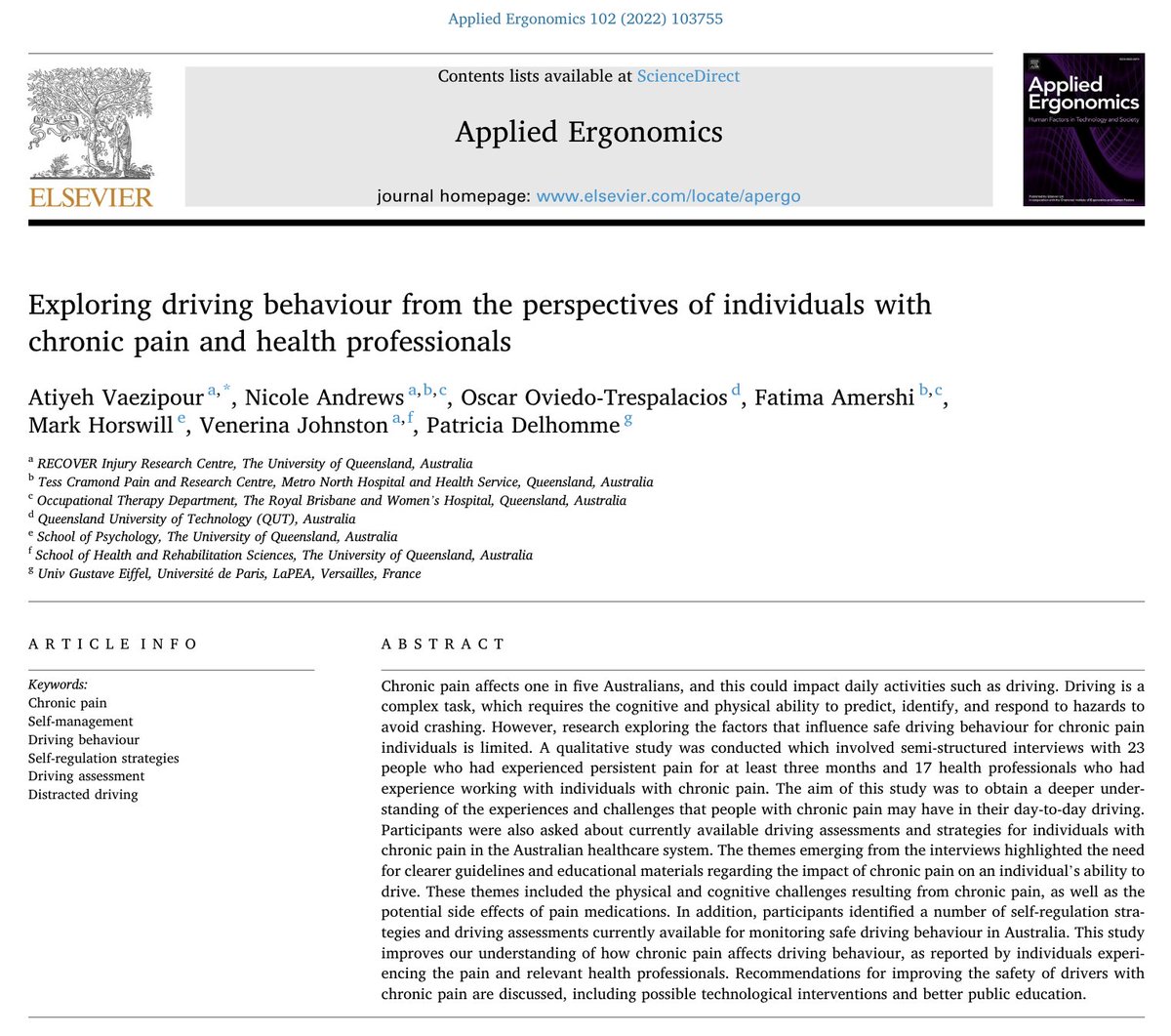ooviedot's tweet photo. I'm thrilled to share our new paper: "Exploring driving behaviour from the perspectives of individuals with chronic pain and health professionals" https://t.co/gC9r88BAp3 Free access at the end. @Elsevier_Eng @Transport_ELS #RoadSafety #humanfactors
#DistractedDrivingMonth https://t.co/038gxn9FgL