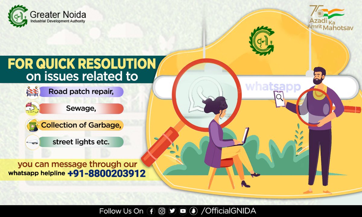 OfficialGNIDA's tweet image. For #QuickResolution on issues related to #RoadPatchRepair, #Sewage, #Collection of Garbage, Street lights etc.
you can message through our #Whatsapp helpline 91-8800203912
#GNIDACares