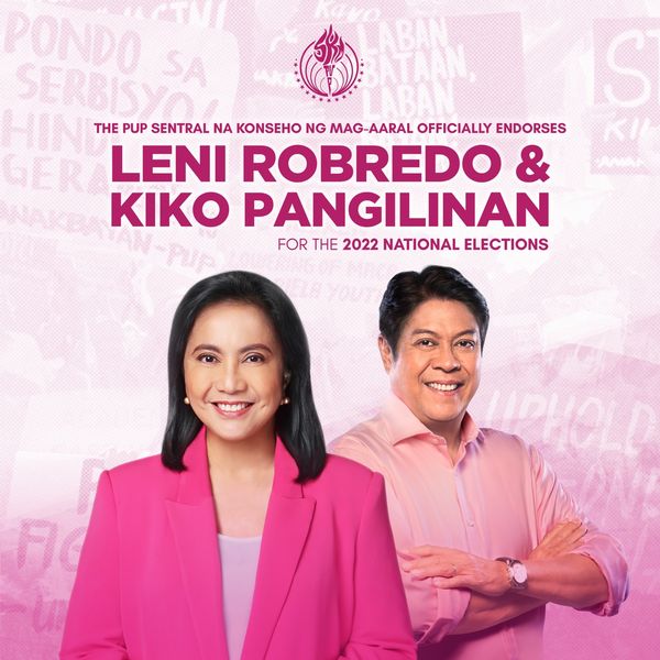 PUPTheCatalyst's tweet photo. BREAKING NEWS: Tambalang Robredo-Pangilinan, opisyal na ineendorso ng PUP Sentral na Konseho ng Mag-aaral sa pagka-pangulo at bise presidente sa darating na pambansang halalan. https://t.co/6MVHq0PXRp