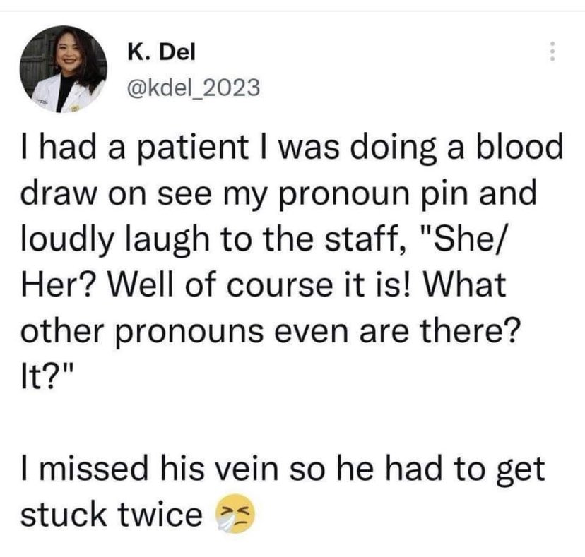 US4MF's tweet photo. I don’t think someone who can mistreat a patient like this should even be in the medical field. Just because someone has differing beliefs doesn’t mean you should take pleasure in causing them harm. Clearly you do not understand the Hippocratic Oath. 🤬 She needs to be reported. https://t.co/vqcmqwvsGS