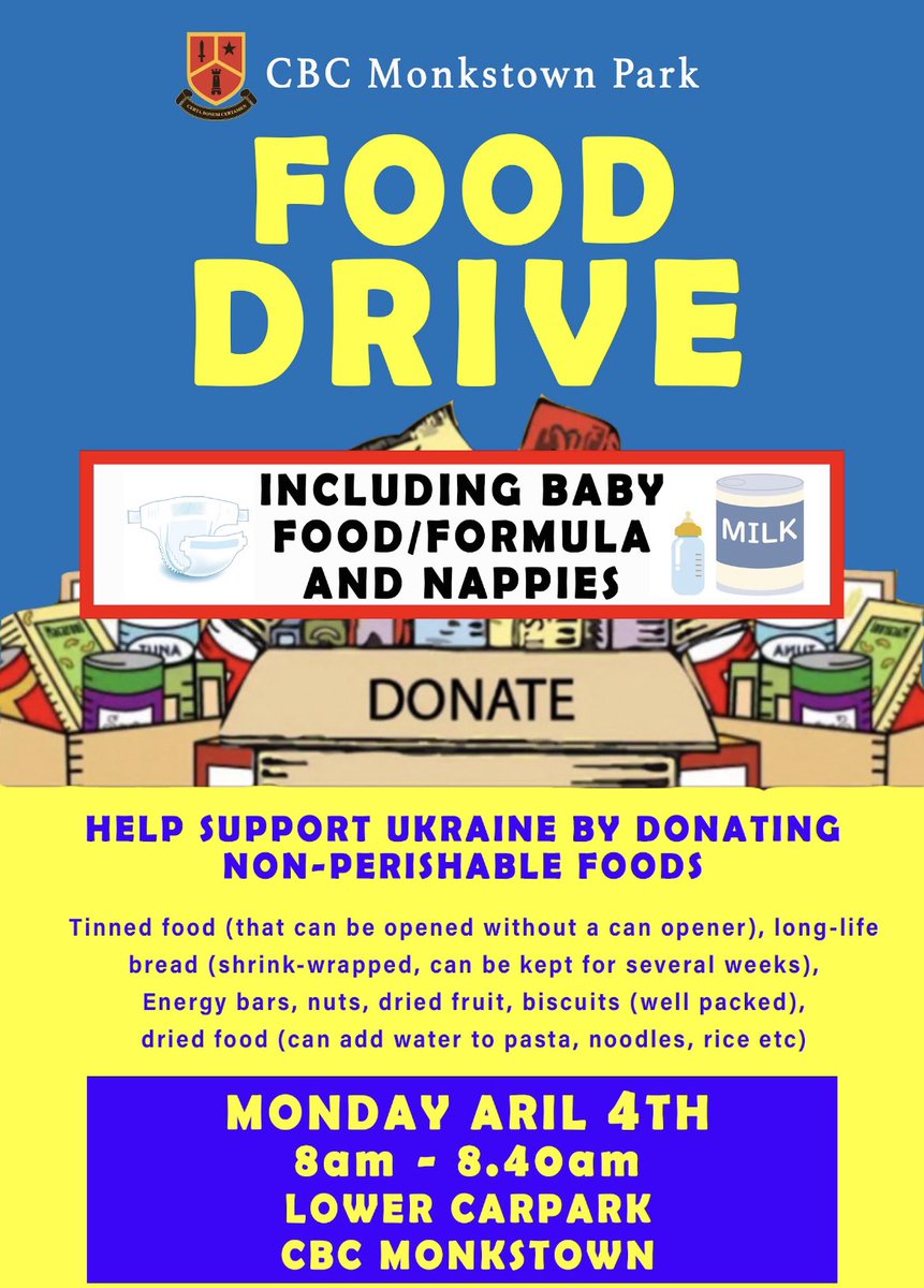 CBCMonkstownpk's tweet photo. Reminder of tomorrows Food Drive for Ukraine! Lower car park from 8am-8.40am. All support appreciated 💙💛🇺🇦🇺🇦
#StandWithUkraine️ https://t.co/mX09lgk0UT