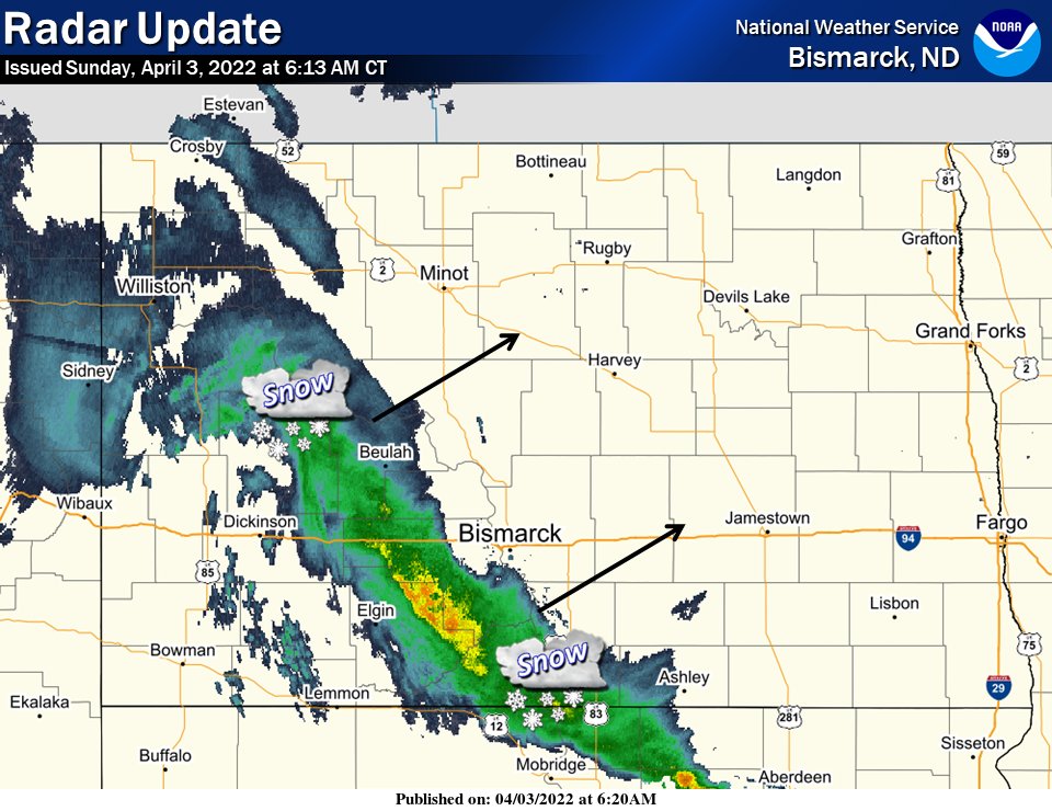 NWSBismarck's tweet photo. Potential heavy snow band moving northeast into the Bismarck/Mandan area and will continue through the morning. 1 to 4 inches of snow possible. #ndwx https://t.co/iaVqtcW1Zv