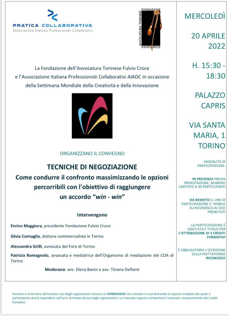 📍20 aprile. #Torino. Palazzo Capris. Dalle 15,30 alle 18,30. "Tecniche di negoziazione" per un accordo win-win.
#aiadc #praticacollaborativa 
#WCIW #WCID <a href="/WorldCreativity/">World Creativity & Innovation Week/Day</a> @IACPNews
#creare #innovare #collaborare 
Perchè #Iamcreative!