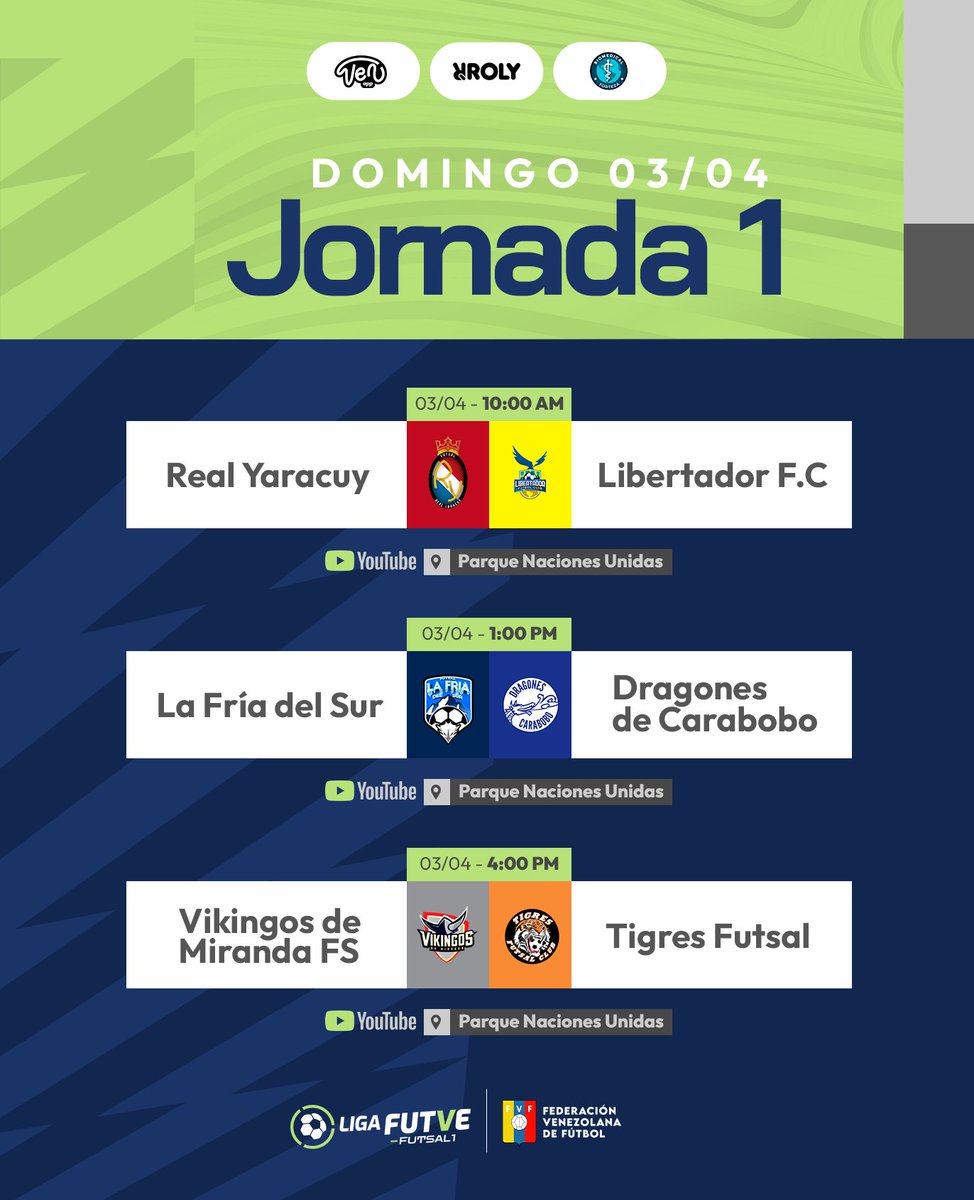 LigaFUTVESala's tweet photo. 🏟️ ¡Hoy sigue el #TalentoDeCalle!

Estos son los tres partidos del día. Recuerda que puedes verlos en nuestro canal de Youtube (Link en la biografía).

¿Quienes ganarán hoy? 🤔

#VenezuelaEsFutve #LigaFUTVEFutsal1 https://t.co/r2WuuwCKgN