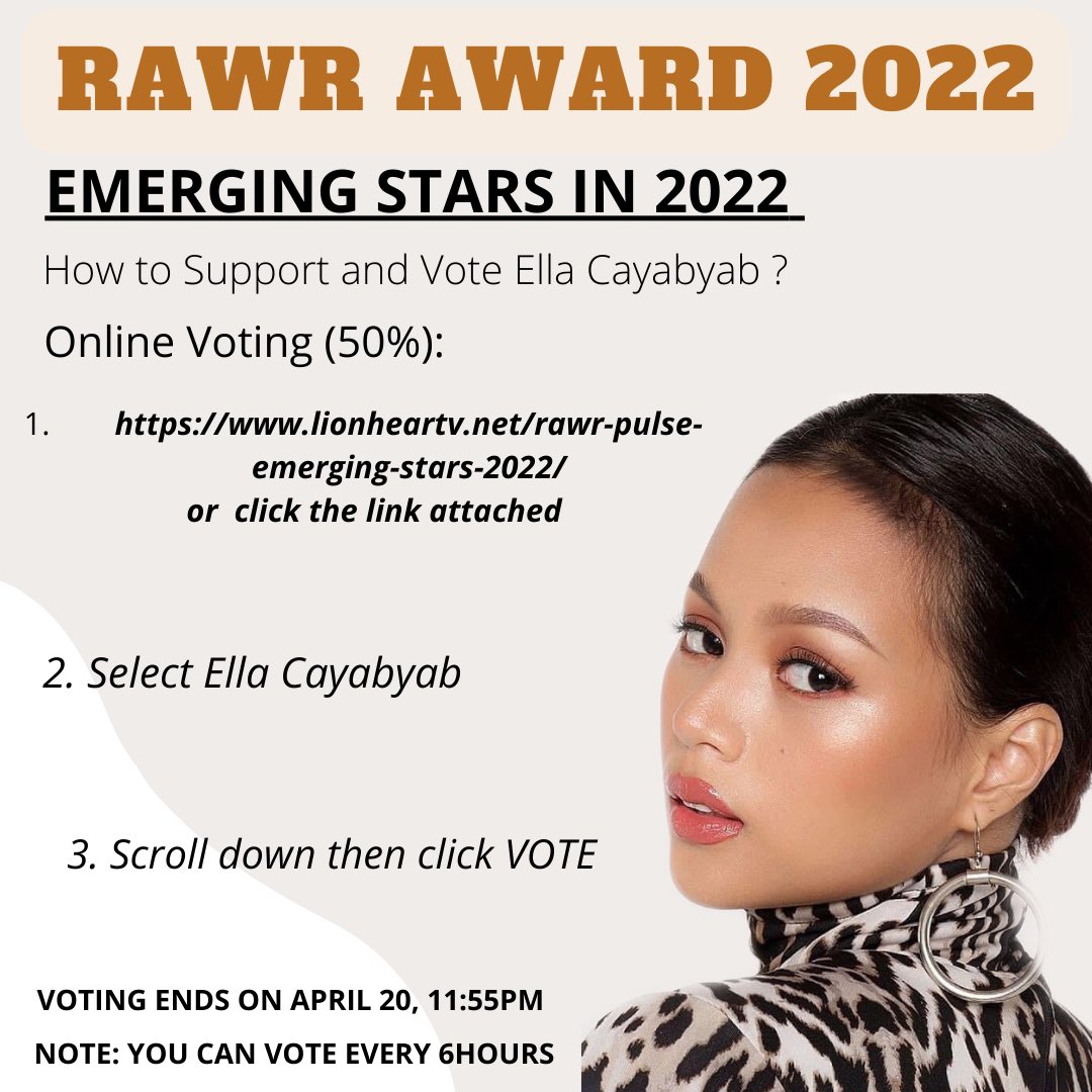 NanOlaivar's tweet photo. Ella Cayabyab is one of the nominees in Rawr Pulse EMERGING STARS 2022. 

Please Follow the steps below on how to Support and Vote Ella Cayabyab 

ONLINE VOTING : 🖇https://t.co/bBZp324bkP

ARTICLE: 🖇 https://t.co/ybsCO6jwTR

@ellacayabyab_ #EllaCayabyab https://t.co/4yhjtwFYgp