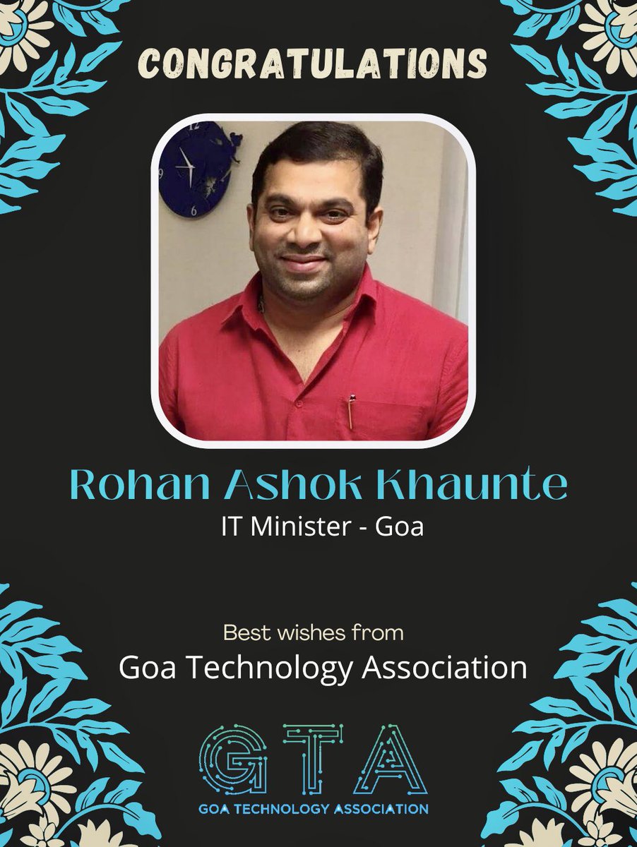 GoaTechGTA's tweet photo. Congratulations @RohanKhaunte on being appointed as the new IT Minsiter of Goa. 
Let us together continue the betterment of the Technology Industry and mark #ITisBetterInGoa https://t.co/2VGD640HfR