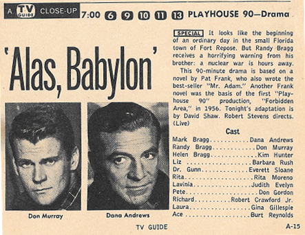 CONELRAD6401240's tweet photo. Broadcast on CBS #OTD in 1960: PLAYHOUSE 90's production of Pat Frank's post-apocalyptic novel ALAS, BABYLON. With Don Murray, Barbara Rush and #RitaMoreno (that's her at a table read of the production). And, no, it's not streaming anywhere. cc: @SilverAgeTV https://t.co/bAccrnExbQ