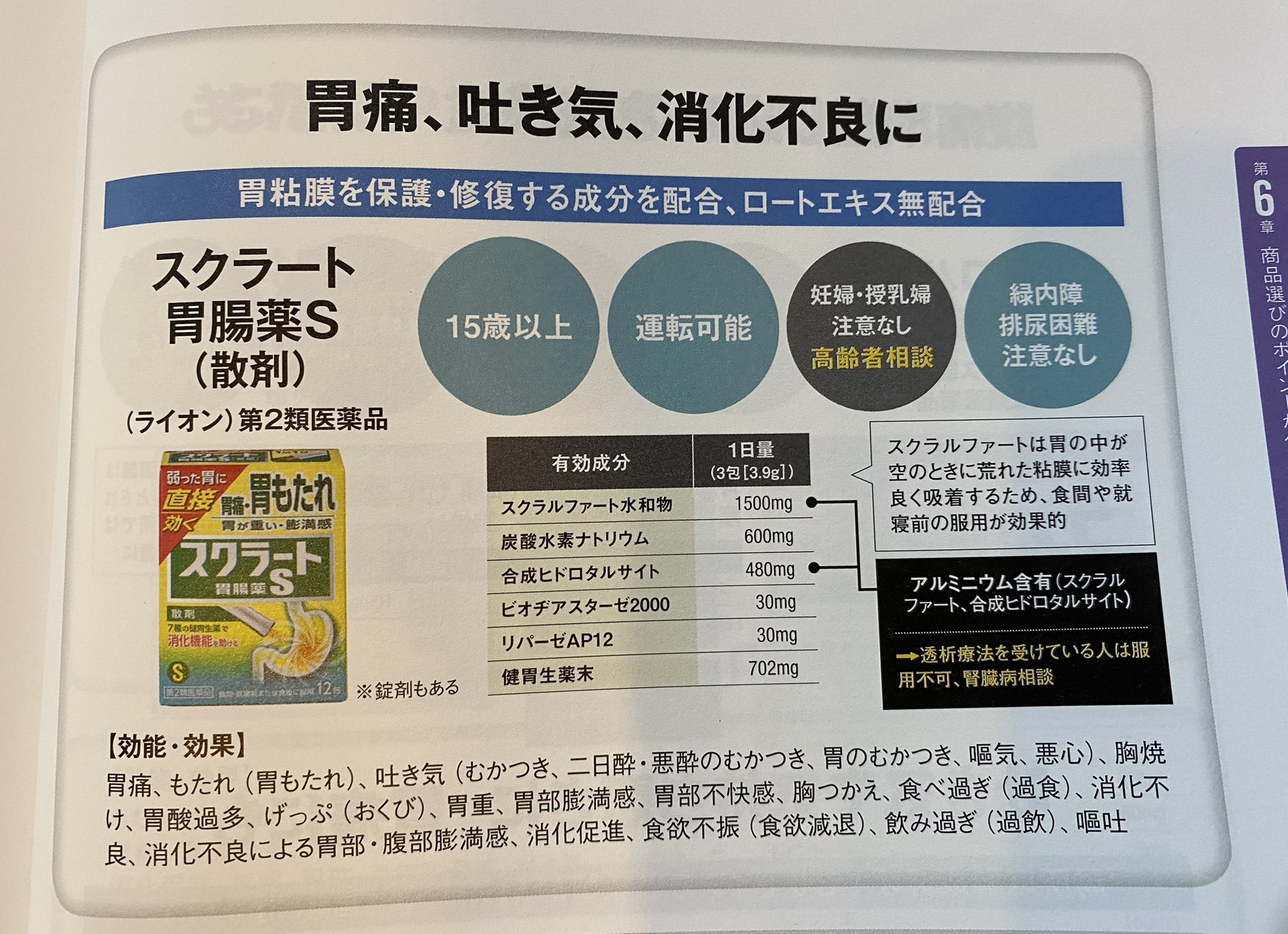 鈴木伸悟 薬剤師 Otc薬のすすめ方 薬局otc販売マニュアル スクラート胃腸薬s 注意ポイント 15歳以上 透析患者は服用不可 ロートエキス無配合 緑内障 排尿困難の注意なし 食間や就寝前服用が効果的 青文字パケのスクラート胃腸薬 S