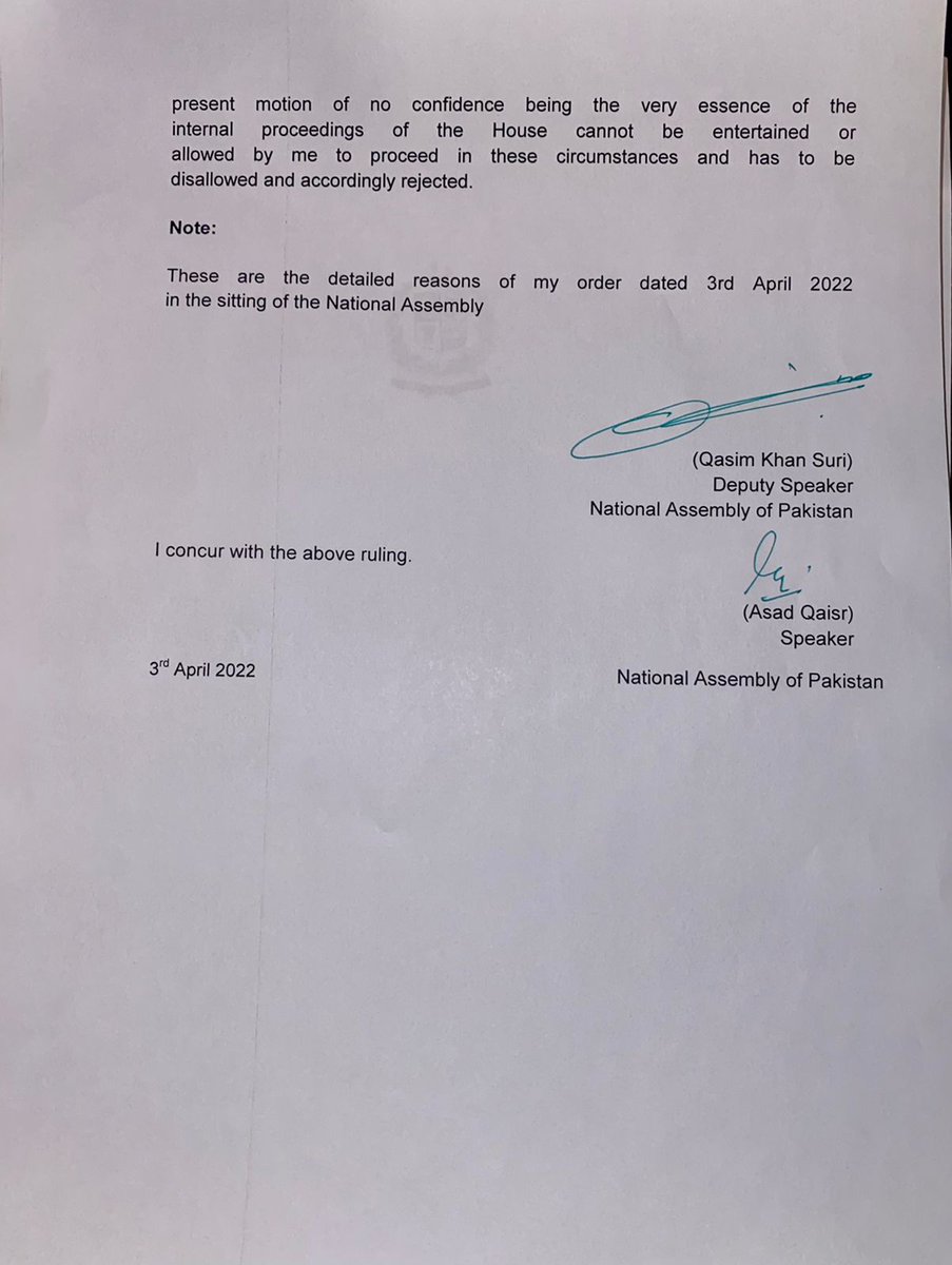 Complete Ruling of the Speaker on No-confidence Resolution.