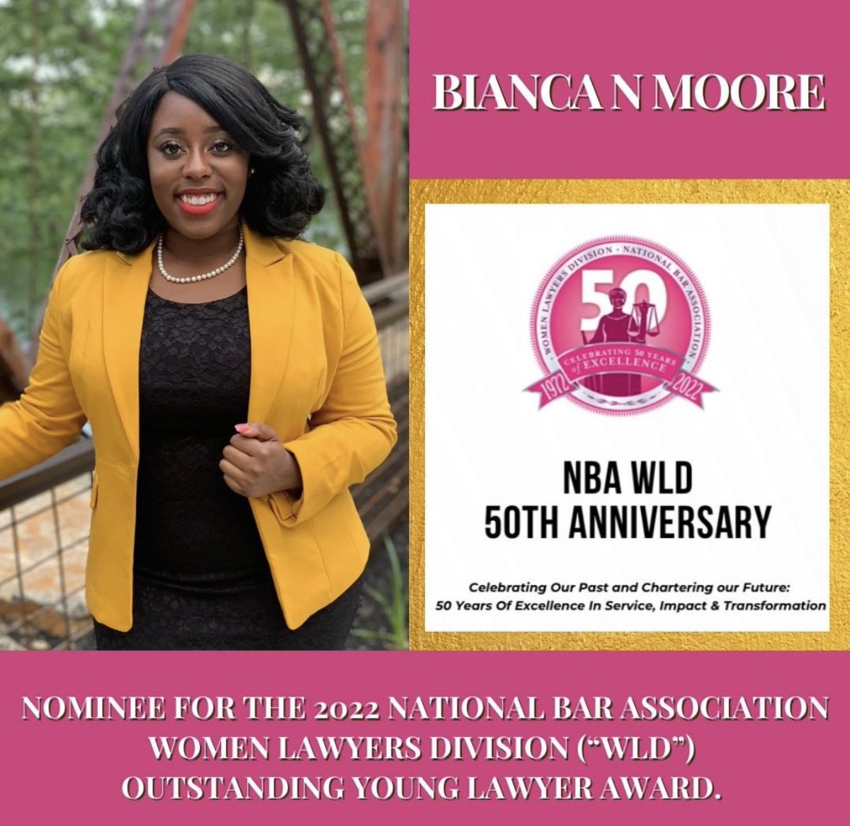 MartinetGno's tweet photo. Congratulations to our Vice President of External Communications, Bianca Moore, on being nominated for the 2022 Outstanding Young Woman Lawyer Award from the NBA Women Lawyers Division! Congratulations Bianca!!! https://t.co/YZ7TSD8FTy
