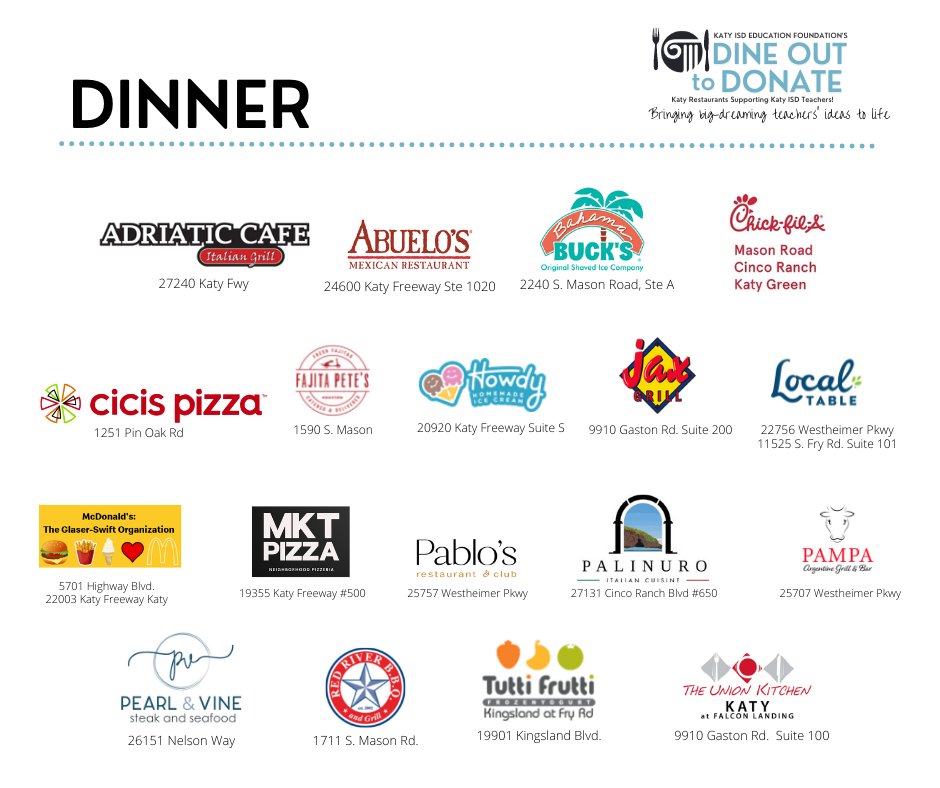 KatyISDEdFound's tweet photo. Community-wide spirit day supporting #KatyISD teachers is Wednesday, April 6! Dine in, drive-thru, or take out at any participating restaurant and your purchase benefits #InspiringImagination teacher grants! https://t.co/XkID7AVlIE https://t.co/DamzpVGogw