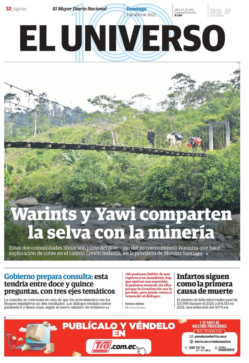 eluniversocom's tweet photo. Les compartimos nuestra portada de este domingo 3 de abril. Las #noticias de #Ecuador y el mundo en https://t.co/6TIoigGXFC https://t.co/7mFydtYIrs