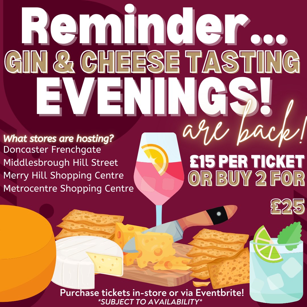 GIN & CHEESE TASTING EVENINGS, Have you got your tickets yet? 😱

You don't want to miss out on...✨😆

- Cheese Tasting
- Gin Sampling & More!

You can get tickets in-store & online via Eventbrite:  eventbrite.co.uk/o/the-chucklin…

#event #cheeseandgin #notjustcheese #chucklingcheese