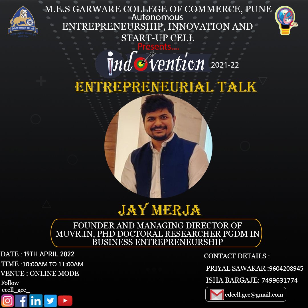 indovention_gcc's tweet image. Here is our most awaited Entrepreneurial Talk(E-Talk)📍🎙
.
.
.
.
#etalk#ecell_gcc #eiscell #entrepreneurs #entrepreneurialtalk