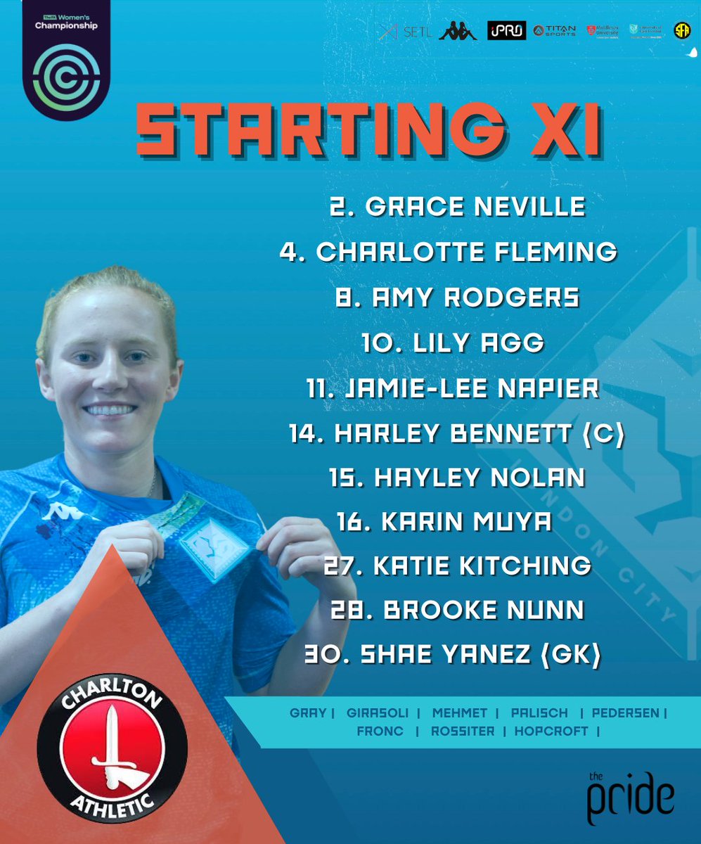 🤩THE LIONESSES XI🤩

👉🏼Here is your London City Lionesses team set to take on Charlton in today's FA Women's Championship clash!

COME ON THE PRIDE! 💙 #LCLCHA