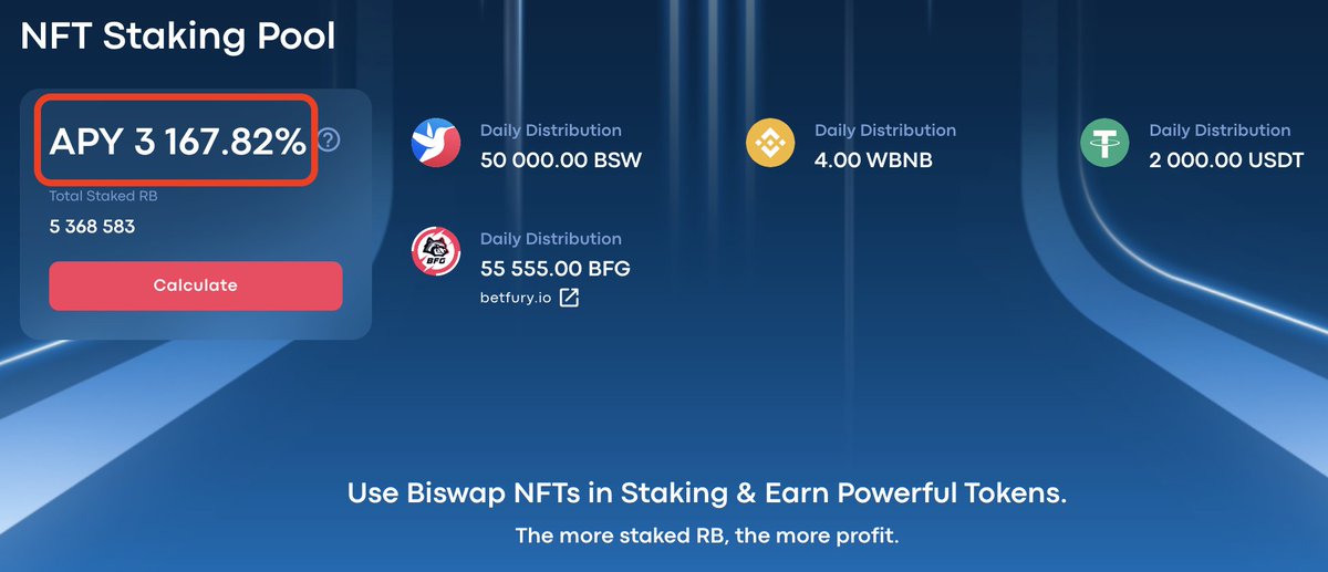 Biswap_Dex's tweet photo. 💰3 000% APY in Biswap NFT Staking Pool!​​💰

Buy, Boost &amp; Stake NFTs
To make a grand profit:
👉https://t.co/Bp207tMSxX

Current Daily Distribution of 4 mighty tokens:
💵50 000 $BSW 💵2 000 $USDT 
💵55 555 $BFG  💵4 $WBNB

🔥Catch 3 000% APY in @Biswap_Dex #NFT staking Pool! https://t.co/YgnkPs0Y7o