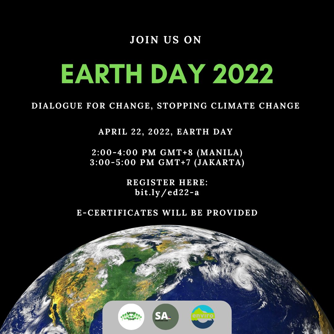 saseasia's tweet photo. Join us in a webinar about the environment on Earth Day April 22, 2022. E-certificates will be given to those participants in zoom!
Register here: https://t.co/jgdnQEovIt
#sdg13 #sdg17 #sasea #EarthDay #ForPeopleForPlanet https://t.co/pzIxAxKJWZ
